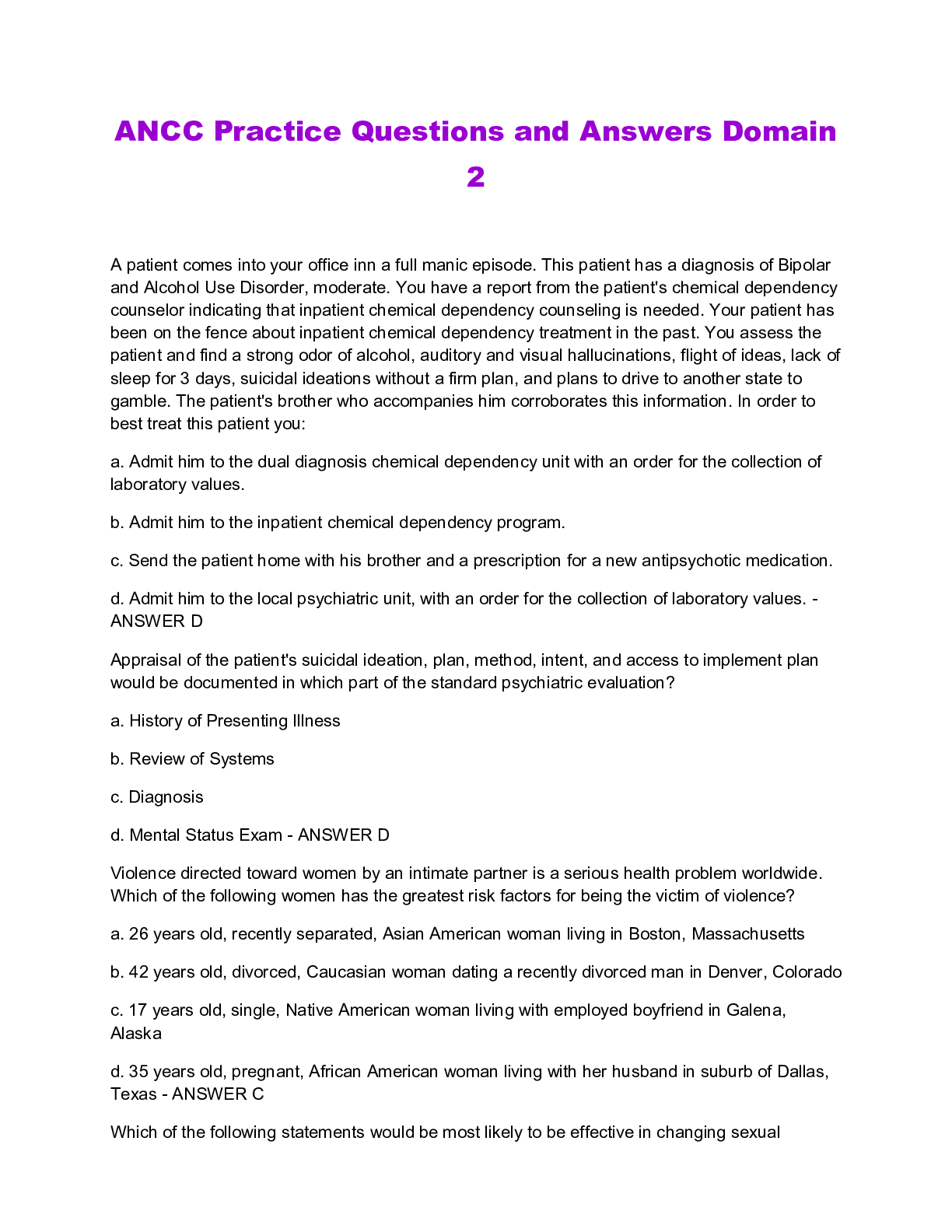 Preview image for ANCC Practice Questions and Answers Domain 2